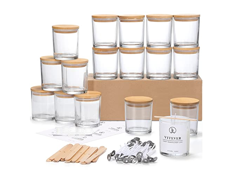 10 OZ Thick Glass Candle Jars with Bamboo Lids and Candle Wick Kit